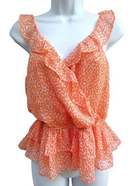 Express Apricot Orange Cami Top Abstract Animal Ruffle Surplice Peplum Lined S